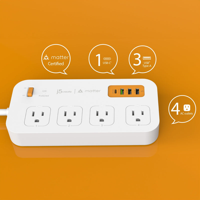 JSPAC4430 Matter Enabled Smart Plug Power Strip With 4-Outlets and 4 USB™ Ports