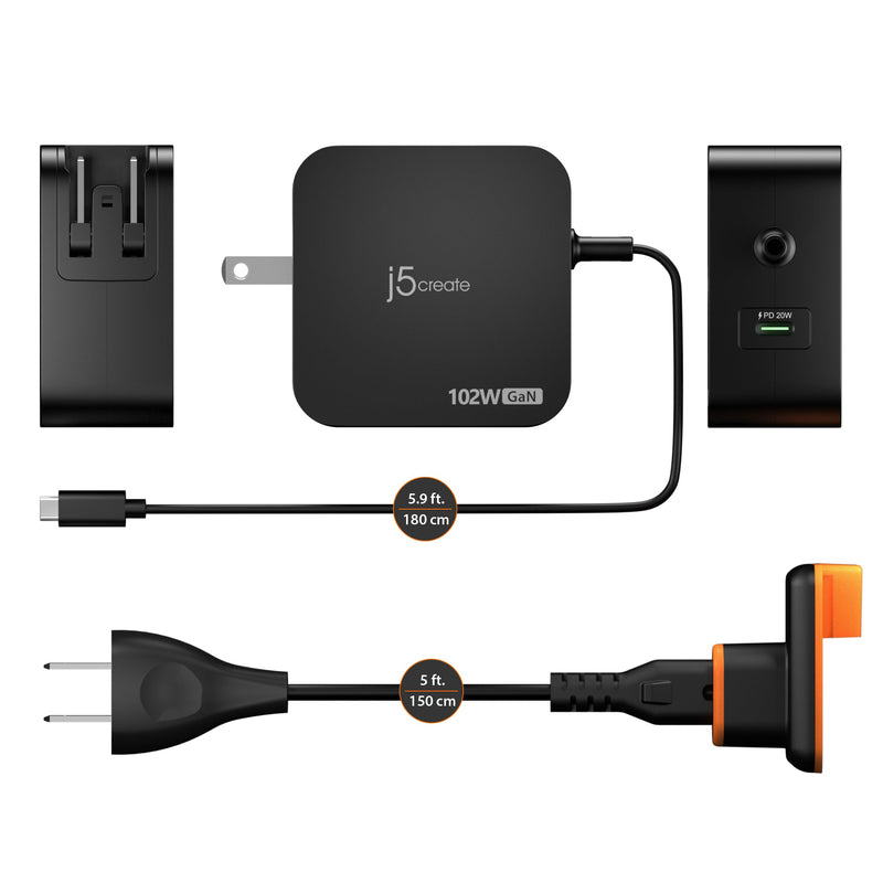JUP25100P 102W Nano Super Charger for USB-C® 2-Port (GaN Power) With AC Extension Kits