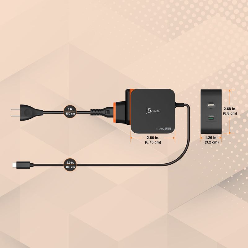 JUP25100P 102W Nano Super Charger for USB-C® 2-Port (GaN Power) With AC Extension Kits
