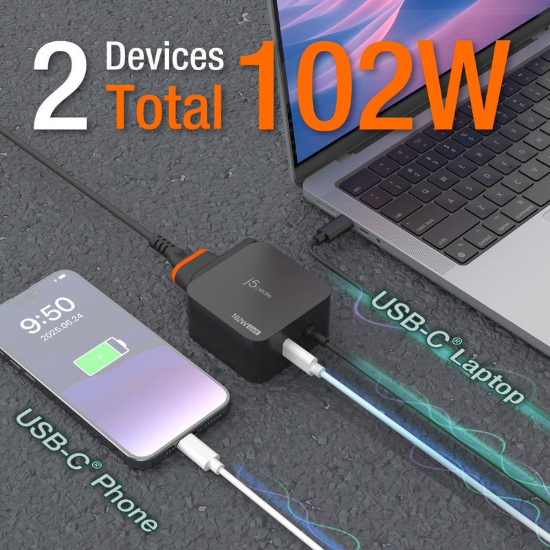JUP25100P 102W Nano Super Charger for USB-C® 2-Port (GaN Power) With AC Extension Kits