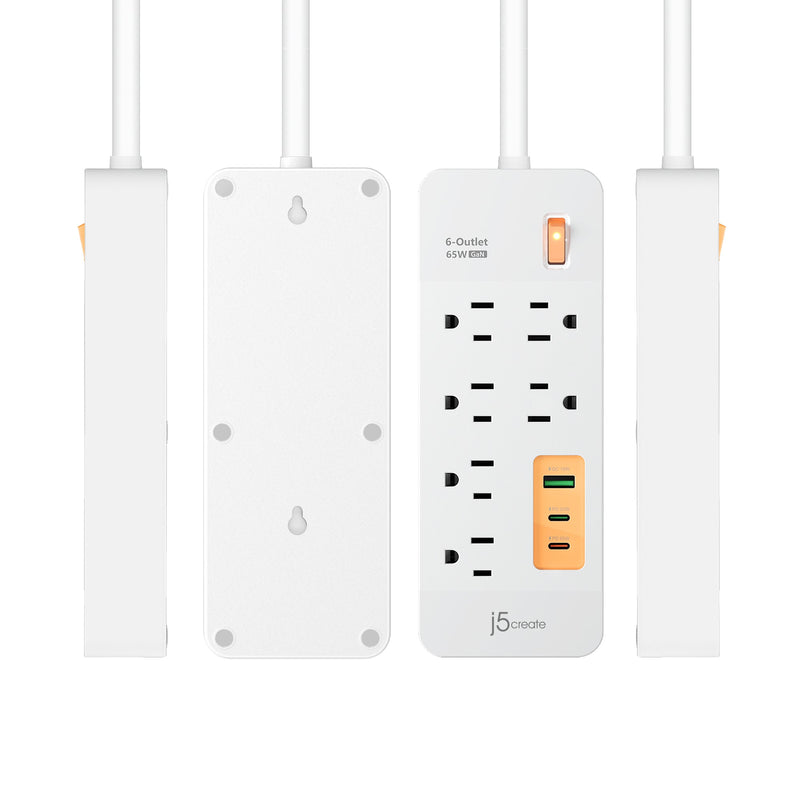 JUPAC6365 6-Outlet Surge Protector Power Strip with 3-USB™ 65W Charging Station