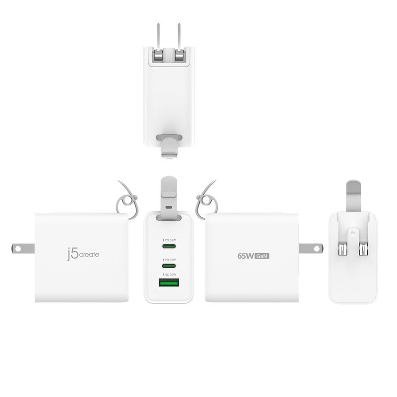JUP3565CV 65W GaN USB-C® 3-Port Traveler Charger with changeable AC plugs and USB-C® cable
